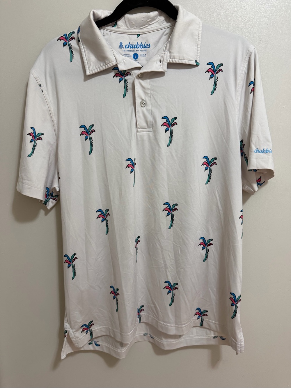 Chubbies Performance Polo Shirt Men's Small White Palm Tree Tropical Golf